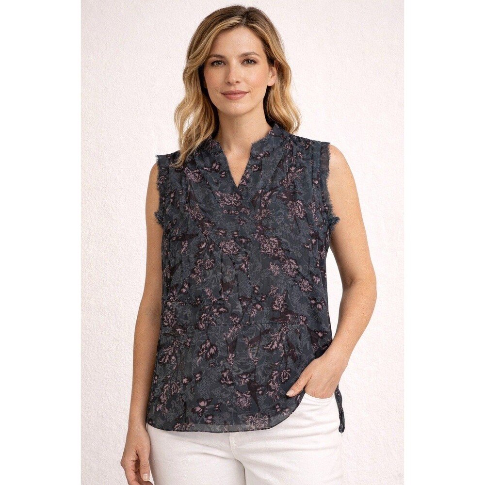 cabi Sleeveless Floral Chiffon Blouse Dark Gray Purple Women S Frayed Edges
